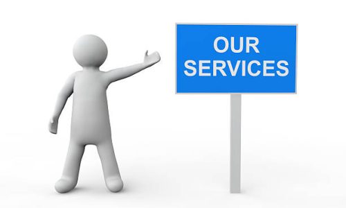 3d render of a man with our services sign board  on white background.